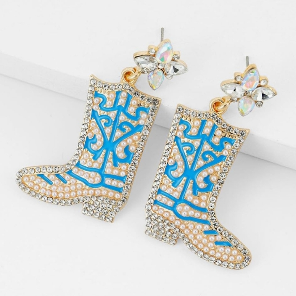 Boutique Blue & Gold Rhinestone Cowgirl Boot Pearl Western Drop Earrings